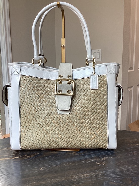 Coach Handbags - Coach White Leather Suede and Natural Woven Straw Tote with Gold Hardware